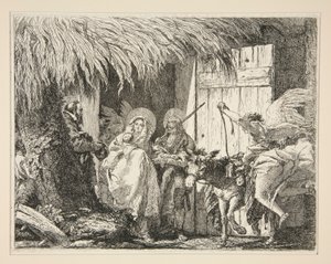 Josef og Maria foran et hus, fra serien Idee pittoresche sopra la fuga in Egitto (Flight into Egypt) af Giovanni Domenico Tiepolo