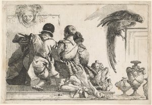 Knælende sider, en maske og en papegøje af Giovanni Domenico Tiepolo