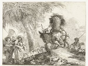 Maria med barn støttet af en engel og Josef fører et æsel forbi en hyrde med får Fly til Egypten (serietitel) Idé malerisk sopra la fugga i Egitto (serietitel) af Giovanni Domenico Tiepolo