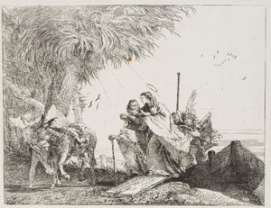 Mary, hjulpet af Josef og en engel, træder ud af båden, tallerken atten fra Flugten til Egypten af Giovanni Domenico Tiepolo