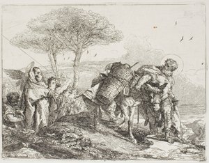 Mary, hjulpet af to engle, følger efter Josef med æslet, plade 25 fra Flugten til Egypten af Giovanni Domenico Tiepolo