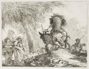 Mary, hjulpet af en engel, og Joseph, der bærer kurven, passerer en flok, plade 24 fra Flugten til Egypten af Giovanni Domenico Tiepolo