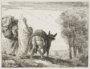 Maria holder barnet i sine arme og Josef med kurven, tallerken ti fra Flugten til Egypten af Giovanni Domenico Tiepolo