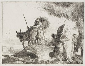 Mary, støttet af to engle, følger Joseph, plade 26 fra Flugten til Egypten af Giovanni Domenico Tiepolo