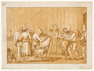 Punchinello hjælpes hen til en stol af Giovanni Domenico Tiepolo