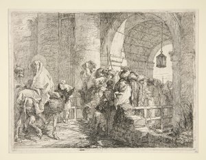Den hellige families ankomst ved porten til en by, fra serien Idee pittoresche sopra la fuga in Egitto (Flight into Egypt) af Giovanni Domenico Tiepolo