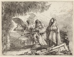 Flugten, den hellige familie går med engel af Giovanni Domenico Tiepolo
