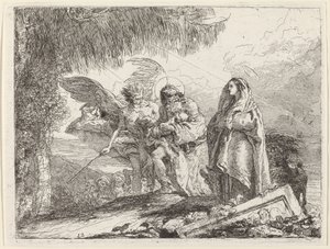 Flugten, den hellige familie går med engel af Giovanni Domenico Tiepolo