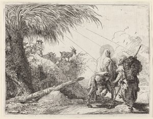 Flugten, den hellige familie til højre, Joseph ser til venstre af Giovanni Domenico Tiepolo