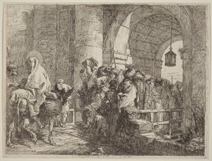 Den hellige familie ankommer til en byport af Giovanni Domenico Tiepolo