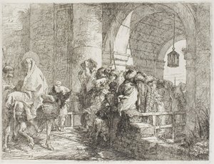 Den hellige familie ankommer til en byport, plade 27 fra Flugten til Egypten af Giovanni Domenico Tiepolo