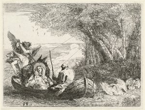 Den hellige familie bliver færget over floden af Giovanni Domenico Tiepolo