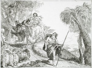Den hellige familie på vej ned ad en skovsti, nær en flok og nogle hyrder af Giovanni Domenico Tiepolo