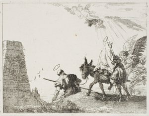 Den hellige familie går forbi en pyramide, tallerken tyve fra Flugten til Egypten af Giovanni Domenico Tiepolo