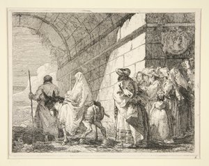 Den hellige familie passerer under en bue, forlader ved en byport, fra serien Idee pittoresche sopra la fuga in Egitto (Flight into Egypt) af Giovanni Domenico Tiepolo