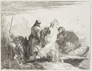 Den hellige familie træder ud af bredden, tallerken femten fra Flugten til Egypten af Giovanni Domenico Tiepolo