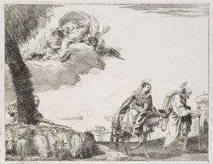 Den hellige familie går langs en bymur. Til venstre, en hyrde med sin flok og Gud Faderen, plade otte fra Flugten til Egypten af Giovanni Domenico Tiepolo