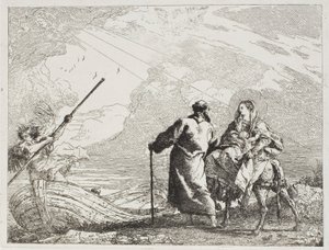 Den hellige familie på bredden af en flod, plade fjorten fra Flugten til Egypten af Giovanni Domenico Tiepolo