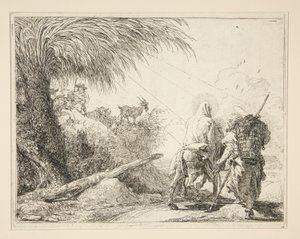 Jomfruen, monteret på æslet og set bagfra, fra serien Idee pittoresche sopra la fuga in Egitto (Flygt til Egypten) af Giovanni Domenico Tiepolo