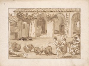 Kalkuner i en venetiansk gård, den tredje tegning i Tiepolo af Giovanni Domenico Tiepolo
