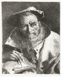 Videnskabsmand med baret på hovedet og kompas i hånden Samling af hoveder (serietitel) Raccolta di Teste (serietitel) af Giovanni Domenico Tiepolo