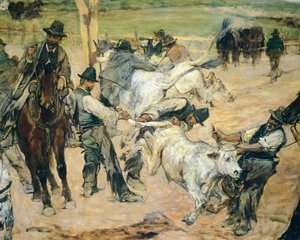 Branding af unge tyre i Maremma, ca. 1887, af Giovanni Fattori (1825-1908), 86x172 cm, detalje af Giovanni Fattori