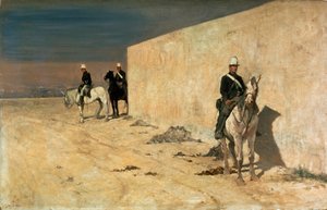 Udkigsposten (Den hvide mur) Ryttere står vagt foran en hvid mur i ørkenen. Maleri af Giovanni Fattori (1825-1908)