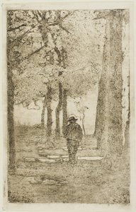 Træbevokset gåtur med figur af Giovanni Fattori