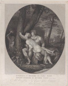 Angelica liggende over skødet af Medoro og skriver deres navne på en træstamme, 1784-1836. af Giovanni Folo