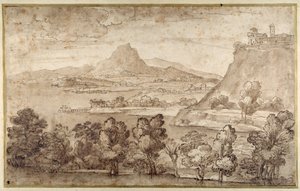Landskab med en bakkeby og et mere fjernt bjerg (pen & brunt blæk med brun vask på hvidt papir) af Giovanni Francesco Grimaldi