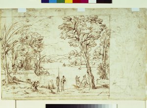 Landskab med figurer på en flodbred (pen og blæk på papir) af Giovanni Francesco Grimaldi