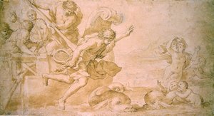 Arion og delfinerne (pen og brunt blæk og vask på papir) af Giovanni Francesco Romanelli