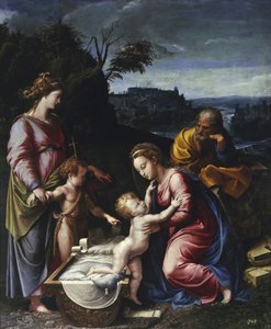 Den hellige familie med den unge Johannes Døberen og Saint Catherine par Penni, Gianfrancesco (1496-1528). Olie på træ, størrelse: 115,5x95, ca. 1525, Muzeum Narodowe, Warszawa