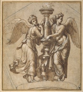 Sejre, der omfavner en kandelaber (pen og brunt blæk med sort kridt på papir) af Giovanni Francesco (c.1488 1528) Penni