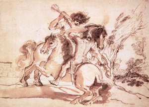 Two Horsemen Fighting (pen og blæk og vask på papir)