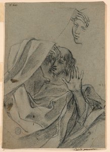 Tegnestudier med kvindeansigt og mand tilbagelænet og højre hånd med underarm af Giovanni Francesco Barbieri