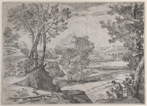 En familie ved en flod, 1643. af Giovanni Francesco Grimaldi
