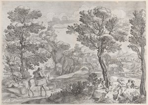 En gruppe mennesker, der spiller kort til højre og en mand til hest til venstre, 1626-80.