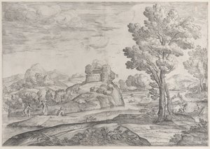 Et hus på toppen af en rund sten i midten, mennesker i floden og i kanoer, 1626-80.