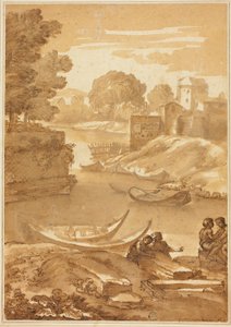 Figurer siddende ved en flod af Giovanni Francesco Grimaldi