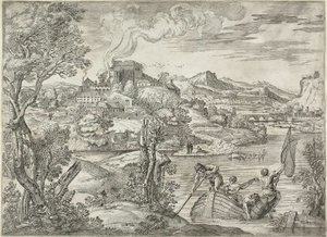 Landskab med en lutespiller af Giovanni Francesco Grimaldi
