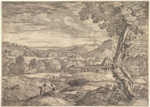 Landskab med en teglfabrik i mellemgrunden, en stående mand i forgrunden p..., 1626-80.