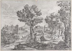 Landskab med en mand, der holder en slange til et rædselsslagent barn, overvåget af en moderigtigt dre..., 1626-80. af Giovanni Francesco Grimaldi