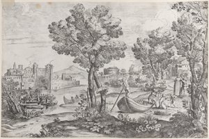 Landskab med en mand, der holder en slange til et rædselsslagent barn, overvåget af en moderigtigt dre..., 1626-80. af Giovanni Francesco Grimaldi