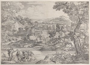 Kristi dåb nederst til venstre, i et landskab, 1626-80., 1626-80. af Giovanni Francesco Grimaldi