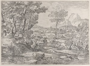 Tre drenge i et landskab med en by i baggrunden, 1626-80. af Giovanni Francesco Grimaldi