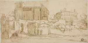 Udsigt over kirke og ruiner af Giovanni Francesco Grimaldi