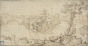 Udsigt over Isola Tiberina af Giovanni Francesco Grimaldi