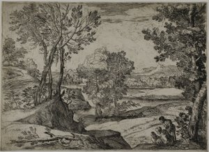 Kvinde, hendes barn og en stående mand i et landskab af Giovanni Francesco Grimaldi
