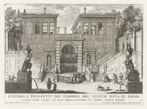 Farnesische Tuinen te Rom Springvand og forhøjning af hertugen af ​​Parmas have (...) (titel på objektet) Springvandene i Roms paladser og haver (serietitel) Fonteinen in de paleizen en tuinen van Rome (serietitel) af Giovanni Francesco Venturini